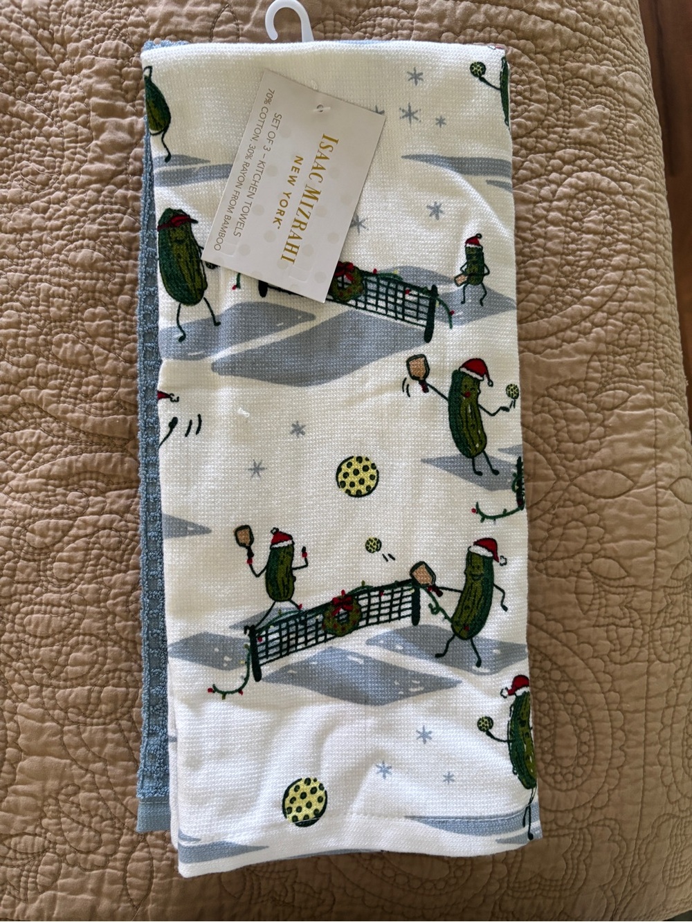 Isaac Mizrahi White Kitchen Towel with Green Pickle Characters